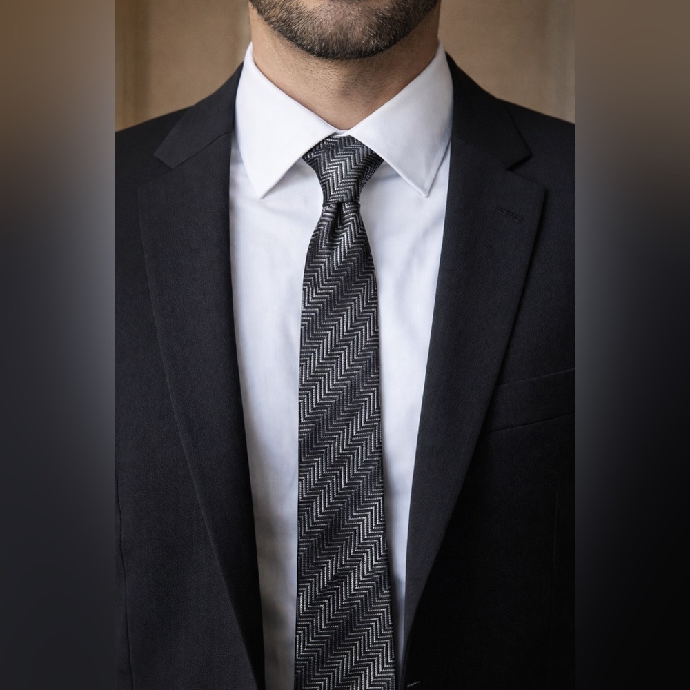 Men’s MONDO di Marco Silk Tie – Black & Silver Herringbone Pattern